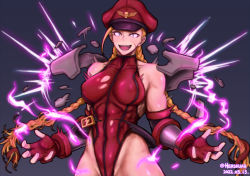 Rule 34 | 1girl, armor, aura, biceps, braid, breasts, broken armor, cammy white, commentary, cosplay, covered abs, covered erect nipples, covered navel, crazy eyes, curvy, dated, elbow gloves, english commentary, facial scar, gloves, hat, hershuar, highleg, highleg leotard, large breasts, leotard, long hair, m. bison, m bison (cosplay), muscular, muscular female, official alternate costume, open mouth, pauldrons, peaked cap, red gloves, red hat, red leotard, ribs, scar, scar on cheek, scar on face, shoulder armor, solo, street fighter, street fighter iv (series), thong leotard, torn belt, twin braids, vambraces, very long hair, w arms, wide hips
