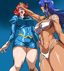 Rule 34 | 2girls, absurdres, agent aika, aika (series), ascot, ass, attack, bare arms, bare legs, bare shoulders, bikini, black ascot, blue background, blue delmo, blue delmo leader, blue hair, blue jacket, blue skirt, breasts, commentary request, covered erect nipples, curvy, dark-skinned female, dark skin, defeat, delmo, delmogeny uniform, femdom, gluteal fold, highres, jacket, juliet sleeves, latex, long sleeves, looking at another, mamesi (suhk8583), medium breasts, moaning, multiple girls, open mouth, pencil skirt, puffy sleeves, ryona, scared, shiny skin, shivie aika, skirt, sumeragi aika, surprised, sweat, swimsuit, thong, transformation, trapped, wide hips