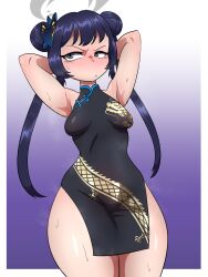 Rule 34 | 1girl, absurdres, armpits, arms behind head, bad tag, blue archive, butterfly hair ornament, double bun, dress, female, hair bun, hair ornament, highres, kisaki (blue archive), lech lewds, sleeveless, sleeveless dress, sweat, sweatdrop, thick thighs, thighs, twintails, wide hips