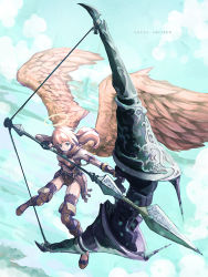 Rule 34 | 1girl, angel, armor, arrow (projectile), boots, bow (weapon), bracer, brown footwear, cloud, commentary, drawing bow, flying, full body, gloves, halo, holding, holding bow (weapon), holding weapon, huge weapon, long hair, original, oversized object, satyuas, sky, solo, weapon, wings