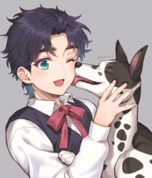 Rule 34 | 1boy, ;d, aged down, animal, artist name, blue eyes, blue hair, blue vest, bow, bowtie, commentary request, danny (jojo), dog, great dane, grey background, happy, highres, jojo no kimyou na bouken, jonathan joestar, licking, licking another&#039;s cheek, licking another&#039;s face, long sleeves, male focus, nerune j, one eye closed, open mouth, petting, phantom blood, red neckwear, shirt, short hair, simple background, smile, twitter username, upper body, vest, white shirt