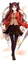 Rule 34 | 1girl, absurdres, alternate legwear, annnna, black hair, blue eyes, fate/stay night, fate (series), gears, highres, jacket, long legs, red jacket, solo, thighhighs, tohsaka rin, two side up