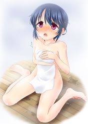 Rule 34 | 1girl, blue hair, blush, breasts, clothes in front, collarbone, commentary request, covering privates, covering breasts, highres, holding, holding towel, looking up, medium breasts, nude cover, nzack, open mouth, puddle, purple eyes, shima rin, short hair, sitting, solo, towel, wariza, wet, wet floor, white towel, wooden floor, yurucamp
