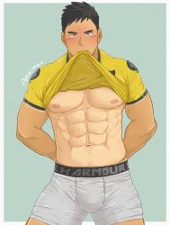 Rule 34 | abs, adidas, amaimao, bara, blush, boxer briefs, bulge, bulge press, clothes lift, embarrassed, forehead blush, grey male underwear, highres, large pectorals, lifting own clothes, male focus, male underwear, mature male, mouth hold, muscular, muscular male, navel hair, nipples, original, pectorals, shirt lift, under armour, underwear