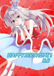 Rule 34 | 1girl, ahoge, bare shoulders, braid, chigyo, crown, dated, dress, gloves, grey hair, hair between eyes, hands on own cheeks, hands on own face, hoshi syoko, idolmaster, idolmaster cinderella girls, invisible chair, jewelry, layered dress, long hair, mini crown, necklace, pantyhose, parted lips, purple eyes, red background, red dress, red footwear, single braid, sitting, smile, solo, strapless, strapless dress, strappy heels, twitter username, white gloves, white pantyhose