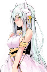 Rule 34 | 1girl, adele (fate), adele (fate) (cosplay), armlet, bare shoulders, blush, breasts, cosplay, dragon girl, dragon horns, dress, fate/grand order, fate (series), from side, green hair, hair ornament, half updo, highres, horns, kiyohime (fate), large breasts, long hair, looking at viewer, multiple horns, profile, sen (astronomy), smile, solo, white dress, yellow eyes