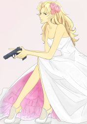 Rule 34 | dress, gun, handgun, high heels, highres, mp-443 grach, saga, saga frontier, simple background, weapon, wedding dress