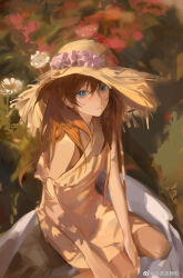 Rule 34 | 1girl, between legs, blue eyes, chinese commentary, collarbone, commentary request, daisy, day, dress, flower, foot out of frame, from above, grass, hair between eyes, hand between legs, hat, hat flower, highres, long hair, looking at viewer, looking up, neon genesis evangelion, off shoulder, on grass, orange hair, outdoors, single bare shoulder, sitting, solo, souryuu asuka langley, straw hat, sun hat, sundress, two side up, wariza, weibo logo, weibo watermark, white flower, yellow dress, yincha
