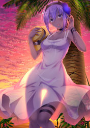 Rule 34 | 1girl, :d, bare shoulders, bikini, bikini under clothes, black hairband, blush, bracelet, breasts, cloud, cloudy sky, coconut tree, commentary request, dark-skinned female, dark skin, dress, emanon123, fate/grand order, fate (series), gradient sky, hair between eyes, hairband, hand in own hair, hands up, hassan of serenity (fate), hat, unworn hat, headband, unworn headwear, highres, holding, holding clothes, holding hat, jewelry, looking at viewer, medium breasts, open mouth, palm tree, purple eyes, purple hair, see-through, short hair, sky, sleeveless, sleeveless dress, smile, solo, straw hat, sun hat, sundress, sunset, swimsuit, thigh gap, thigh strap, tree, underboob, white bikini, wristband