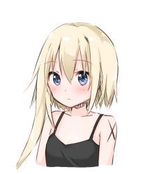 Rule 34 | 1girl, arms at sides, bare shoulders, black dress, blonde hair, blue eyes, blush, closed mouth, collarbone, commentary request, dress, hair between eyes, long hair, looking at viewer, original, simple background, sleeveless, sleeveless dress, solo, spaghetti strap, tareme, tia-chan, uchuuneko, white background