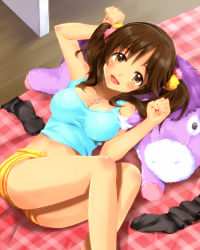 Rule 34 | 10s, 1girl, bed sheet, black legwear, blush, breasts, brown eyes, brown hair, cleavage, hair ornament, heart, heart necklace, idolmaster, idolmaster cinderella girls, katoma, large breasts, looking at viewer, lying, necklace, open mouth, paw pose, plaid, short hair, short shorts, shorts, smile, solo, stuffed animal, stuffed toy, tank top, totoki airi, twintails