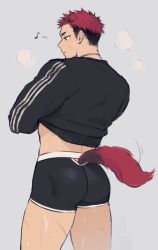 Rule 34 | 1boy, animal ears, ass, ass focus, bara, black hair, black male underwear, black shirt, blush, boxers, clothes lift, dog boy, dog ears, dog tail, hao (haozz), highres, lifted by self, long sleeves, male focus, male underwear, multicolored hair, muscular, original, red hair, reo (haozz), shirt, shirt lift, short hair, solo, sweat, tail, thick thighs, thighs, track suit, two-tone hair, undercut, underwear