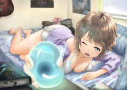 Rule 34 | 1girl, aqua eyes, blurry, blurry background, book, breasts, brown hair, cleavage, collarbone, feet, foreshortening, guitar, highres, holding, instrument, large breasts, lavender shirt, lying, messy hair, on bed, one eye closed, open mouth, original, pajamas, parsue, pillow, poster (object), room, short hair, solo, stuffed toy, thighs