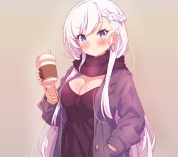 Rule 34 | 1girl, arbiter1, azur lane, belfast (azur lane), black dress, black nails, black scarf, blue eyes, blush, bracelet, braid, breasts, cleavage, cup, dress, earrings, hands in pockets, highres, holding, holding cup, jacket, jewelry, large breasts, long hair, looking at viewer, open clothes, open jacket, scarf, simple background, smile, solo, white hair