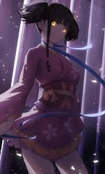 Rule 34 | 1girl, absurdres, black hair, blue ribbon, closed mouth, commentary, glowing, hair ribbon, highres, japanese clothes, kimono, koutetsujou no kabaneri, looking at viewer, mumei (kabaneri), obi, pink kimono, ribbon, sash, short twintails, standing, star741, thighs, twintails, wide sleeves, yellow eyes