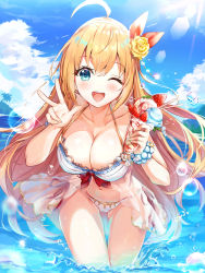 Rule 34 | 1girl, ;d, ahoge, bikini, blue sky, blush, breasts, brown hair, cleavage, cloud, collarbone, commentary request, cup, day, flower, food, fruit, green eyes, hair between eyes, hair flower, hair ornament, hair ribbon, hairband, hands up, holding, holding cup, horizon, large breasts, leaning forward, long hair, narae, ocean, one eye closed, open mouth, outdoors, parfait, pecorine (princess connect!), pecorine (summer) (princess connect!), princess connect!, red ribbon, ribbon, rose, sky, smile, solo, standing, strawberry, swimsuit, thigh gap, v, very long hair, wading, water, white bikini, white hairband, yellow flower, yellow rose
