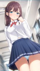 Rule 34 | 1girl, blue eyes, blue panties, blue skirt, blurry, blurry background, blush, brown hair, buttons, collared shirt, commentary request, hand up, highres, indoors, long hair, long sleeves, looking at viewer, neck ribbon, nikki (n2kkey), original, panties, pantyshot, parted lips, red ribbon, ribbon, school uniform, shirt, skirt, solo, underwear, white shirt