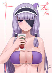 Rule 34 | 1girl, arm at side, bikini, blunt bangs, breasts, christmas, cleavage, cleavage cutout, closed mouth, clothing cutout, collarbone, cup, darkmaya, dream c club, dream c club (series), drink, drinking glass, eyepatch, eyepatch bikini, frilled hairband, frills, gradient background, hair tubes, hairband, hat, holding, holding cup, holding drinking glass, large breasts, lips, lolita hairband, long hair, looking at viewer, mari (dream c club), merry christmas, mini hat, nail polish, one eye covered, pink background, purple bikini, purple eyes, purple hat, purple nails, santa hat, shiny skin, sidelocks, signature, smile, solo, straight hair, strapless, strapless bikini, swimsuit, tsurime, upper body