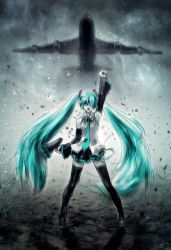 Rule 34 | 1girl, aircraft, airplane, aqua eyes, aqua hair, arm up, bad deviantart id, bad id, black thighhighs, bwrose, clenched hand, detached sleeves, hair over one eye, hatsune miku, highres, koi wa sensou (vocaloid), long hair, megaphone, necktie, open mouth, raised fist, skirt, solo, thighhighs, twintails, very long hair, vocaloid