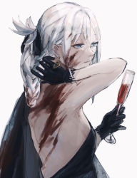 Rule 34 | alcohol, an-94 (girls&#039; frontline), aqua eyes, arm behind head, arm up, armpits, bare back, bare shoulders, black dress, black gloves, black ribbon, blood, blood in hair, blood on back, blood on clothes, blood on face, braid, braided bun, breasts, champagne, closed mouth, cocktail dress, cocktail glass, commentary request, cup, dress, drinking glass, earrings, expressionless, frilled gloves, frills, from side, girls&#039; frontline, gloves, hair bun, hair ribbon, head tilt, highres, holding, holding cup, jewelry, looking away, medium breasts, partial commentary, platinum blonde hair, ribbon, sideboob, sidelocks, simple background, single earring, solo, strapless, strapless dress, sushiwa, white background