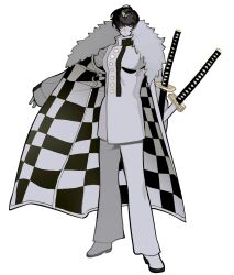 Rule 34 | 1girl, :/, androgynous, black hair, checkered clothes, closed mouth, coat, collared coat, colored sclera, full body, fur collar, grey coat, grey footwear, grey pants, grey sclera, hand up, high collar, highres, katana, korean commentary, long sleeves, looking at viewer, multiple swords, original, pale skin, pants, sasi mozzi1, short hair, simple background, sleeveless, sleeves past wrists, solo, standing, sword, sword behind back, weapon, white background, white eyes