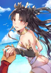 Rule 34 | 1girl, archer (fate), armlet, ass, bare shoulders, bird, black hair, black ribbon, blue sky, blush, butt crack, cloud, comeow1208, comeow1208, commentary, crown, dark-skinned male, dark skin, day, detached sleeves, earrings, fate/grand order, fate/stay night, fate (series), fingernails, floating hair, gem, hair ribbon, holding hands, hoop earrings, horizon, ishtar (fate), jewelry, long hair, looking at viewer, looking to the side, neck ring, ocean, open mouth, out of frame, outdoors, panties, parted bangs, pov, red eyes, ribbon, shoulder blades, single detached sleeve, sky, solo focus, sparkle, standing, symbol-only commentary, two side up, underwear, very long hair, white panties, wind