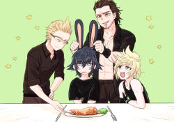 Rule 34 | abs, animal ears, beard, black shirt, black tank top, blonde hair, blue eyes, blush, bright pupils, brown eyes, brown hair, carrot, closed mouth, collared shirt, commentary request, facial hair, fake animal ears, fang, final fantasy, final fantasy xv, gedougawa, gladiolus amicitia, glasses, green background, grey-framed eyewear, hair between eyes, ignis scientia, long bangs, male focus, medium bangs, noctis lucis caelum, open clothes, open mouth, open shirt, prompto argentum, rabbit ears, serving, shirt, shirt tucked in, short hair, short sleeves, simple background, smile, swept bangs, tank top, upper body, white pupils