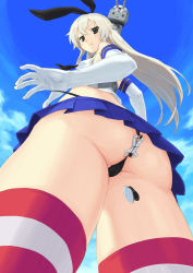 Rule 34 | 10s, 1boy, 1girl, admiral (kancolle), ass, black panties, blue eyes, crop top, crop top overhang, day, elbow gloves, from below, giant, giantess, gloves, kantai collection, long hair, looking back, midriff, panties, panty lift, red thighhighs, shimakaze (kancolle), sky, smile, striped clothes, striped thighhighs, teston, thighhighs, underwear
