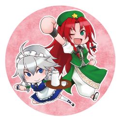 Rule 34 | 2girls, ahoge, bad id, bad pixiv id, beret, blue eyes, blush, braid, chibi, cup, frilled skirt, frilled sleeves, frills, green eyes, hat, hong meiling, izayoi sakuya, long hair, maid, maid headdress, multiple girls, open mouth, over-kneehighs, pants, parted bangs, plate, puffy short sleeves, puffy sleeves, red hair, rowan (kanonsecret), shoes, short hair, short sleeves, silver hair, skirt, star (symbol), teacup, teapot, thighhighs, touhou, twin braids, vest, wrist cuffs
