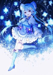 Rule 34 | 1girl, :d, blue hair, blue ribbon, blue theme, capelet, leg up, long sleeves, low twintails, noyu (noyu23386566), open mouth, original, purple eyes, ribbon, skirt, smile, solo, star (symbol), thighlet, twintails