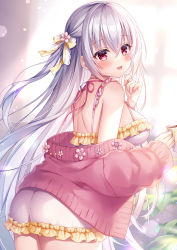 Rule 34 | 1girl, :d, ass, bare shoulders, blush, bow, breasts, camisole, commentary request, cup, flower, frilled camisole, frilled shorts, frills, from behind, hair between eyes, hair bow, hair flower, hair ornament, holding, holding cup, jacket, long hair, long sleeves, looking at viewer, looking back, medium breasts, mitsuba choco, mug, off shoulder, one side up, open clothes, open jacket, open mouth, original, pink jacket, puffy long sleeves, puffy sleeves, red eyes, short shorts, shorts, silver hair, sleeves past wrists, smile, solo, very long hair, white camisole, white shorts, yellow bow, yellow flower