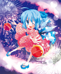 Rule 34 | 1girl, ahoge, alternate costume, alternate hairstyle, blue eyes, blue hair, blush, bow, cirno, fang, fireworks, hair bow, ice, ice wings, japanese clothes, long sleeves, matching hair/eyes, open mouth, ponytail, solo, touhou, usagiya-shiina, wide sleeves, wings, wink
