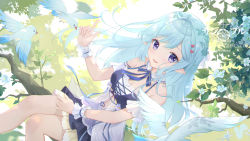 Rule 34 | 1girl, absurdres, arm cuffs, artist name, bare shoulders, bird, blue hair, blue ribbon, braid, branch, breasts, commentary request, copyright request, day, dress, feathers, feet out of frame, flower, hair ornament, heart, heart hair ornament, highres, leaf, looking at viewer, medium breasts, open mouth, pointy ears, purple eyes, ribbon, single braid, sitting, smile, solo, somna, virtual youtuber, white dress, wrist cuffs