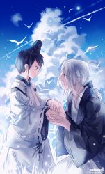 Rule 34 | 10s, 2boys, aged down, artist name, bird, black hair, blue sky, blue theme, child, cloud, cloudy sky, copyright name, day, ebisu (noragami), grass, highres, holding hands, instockeee, instocklee, iwami (noragami), japanese clothes, long hair, md5 mismatch, multiple boys, noragami, outdoors, resolution mismatch, ribbon-trimmed sleeves, ribbon trim, short hair, sky, source smaller, white hair