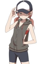 Rule 34 | 1girl, adjusting clothes, adjusting headwear, bandeau, bare shoulders, baseball cap, bike shorts, black vest, brown eyes, brown hair, closed mouth, collarbone, cowboy shot, earrings, expressionless, hat, highres, hood, hoodie, jewelry, low twintails, shaded face, short hair, short twintails, simple background, sleeveless, sleeveless hoodie, solo, standing, stud earrings, tsurime, twintails, vest, white background, yamamoto souichirou, zipper