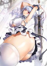 Rule 34 | 1girl, apron, arms up, ass, azur lane, black hairband, blush, breasts, center frills, choker, clothing cutout, cuffs, dido (azur lane), frilled choker, frills, gijang, hairband, large breasts, long hair, looking at viewer, open mouth, pink eyes, silver hair, sleeveless, solo, sword, thighhighs, thighs, underboob, underboob cutout, waist apron, weapon, white apron, white thighhighs
