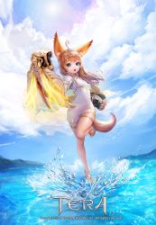 Rule 34 | 1girl, ahoge, animal ears, arm up, artist request, blue eyes, brown hair, clenched hands, cloud, copyright name, day, dog ears, dog tail, dress, elin, full body, gauntlets, highres, leg up, long hair, official art, open mouth, shoes, short dress, sky, solo, splashing, standing, standing on liquid, standing on one leg, tail, tera online, thigh strap, water
