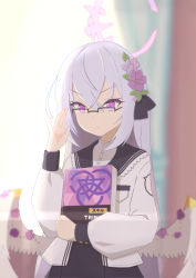 Rule 34 | 1girl, absurdres, adjusting eyewear, azusa (blue archive), bespectacled, blue archive, blurry, blurry background, book, commentary request, flower, glasses, hair flower, hair ornament, halo, highres, long hair, looking at viewer, school uniform, silver hair, solo, wings