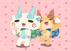Rule 34 | &gt; &lt;, 10s, brothers, chuno, closed eyes, food, furoshiki, heart, ice cream, ice cream cone, komajirou, komasan, no humans, open mouth, pink background, siblings, soft serve, traditional youkai, youkai watch