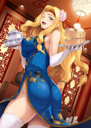 Rule 34 | 1girl, ass, bare shoulders, blonde hair, blue dress, blush, breasts, chin piercing, china dress, chinese clothes, cup, dim sum, dress, elbow gloves, fate/grand order, fate (series), feather hair ornament, feathers, floral print, flower, food, gloves, green eyes, hair flower, hair ornament, headband, highres, ishigaki takashi, large breasts, long hair, looking at viewer, one eye closed, open mouth, parted bangs, quetzalcoatl (fate), smile, solo, teacup, teapot, thighhighs, thighs, tray, white gloves, white thighhighs