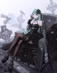 Rule 34 | 1girl, bang dream!, bare shoulders, black choker, black dress, black flower, black gloves, black thighhighs, breasts, choker, collarbone, cross, crossed legs, dress, earrings, elbow gloves, flower, garter straps, gloves, gothic lolita, green hair, guitar, hair flower, hair ornament, high heels, highres, hikawa sayo, instrument, jewelry, lace thighhighs, lolita fashion, long hair, looking at viewer, medium breasts, pantyhose, parted lips, sitting, solo, thighhighs, tombstone, yellow eyes, yuzuriha (atelier liang)