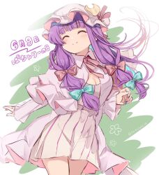 Rule 34 | 1girl, aqua bow, blush, bow, breasts, cleavage, closed eyes, closed mouth, cowboy shot, crescent, crescent hat ornament, dated, dress, hair bow, hat, hat ornament, long hair, medium breasts, mob cap, patchouli knowledge, purple dress, purple hair, purple hat, ramudia (lamyun), red bow, sidelocks, smile, solo, striped clothes, striped dress, touhou, vertical-striped clothes, vertical-striped dress