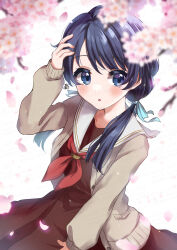 Rule 34 | 1girl, absurdres, black hair, blue eyes, blush, cherry blossoms, collarbone, commentary, from above, highres, jacket, kyaku tasu, link! like! love live!, long hair, looking at another, love live!, low twintails, mole, mole on neck, murano sayaka, school uniform, signature, solo, twintails, upper body, virtual youtuber