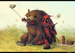 Rule 34 | 1boy, bag, bear, blanket, blood, bodysuit, boots, bug, butterfly, cellphone, deadpool, deadpool (movie), deadpool (series), heart, insect, koto inari, letterboxed, male focus, marvel, phone, picnic, picnic basket, selfie, selfie stick, severed arm, severed limb, spoken heart, sword, thermos, w, weapon