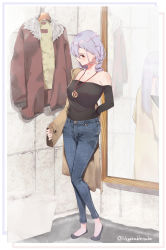 Rule 34 | 1girl, absurdres, bare shoulders, black footwear, black shirt, border, casual, clothes hanger, coat, collarbone, commentary request, denim, fate/grand order, fate (series), hair between eyes, highres, jeans, jewelry, long hair, mirror, mitsudomoe (shape), necklace, off-shoulder shirt, off shoulder, pants, red eyes, removing jacket, shirt, silver hair, solo, tomoe (symbol), tomoe gozen (fate), twitter username, vegetablenabe, white border
