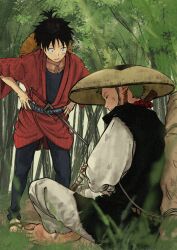Rule 34 | 2boys, 7nawon, bead necklace, beads, black eyes, black hair, closed eyes, day, earrings, facial scar, forest, full body, green hair, hands on own hips, hat, hat on back, highres, japanese clothes, jewelry, kimono, looking at another, male focus, monkey d. luffy, multiple boys, nature, necklace, one piece, outdoors, red kimono, roronoa zoro, scar, scar on cheek, scar on face, short hair, sideburns, single earring, sitting, sleeping, straw hat, sword, weapon