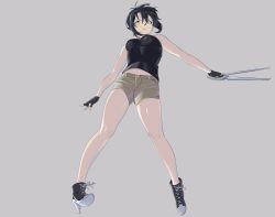 Rule 34 | 1girl, antenna hair, black footwear, black gloves, black hair, black shirt, boots, breasts, brown shorts, cross-laced footwear, fingerless gloves, from below, full body, gloves, grey background, high heel boots, high heels, highres, holding, holding weapon, lace-up boots, looking at viewer, medium breasts, navel, original, shirt, short hair, shorts, simple background, sleeveless, sleeveless shirt, solo, ult one, weapon, yellow eyes