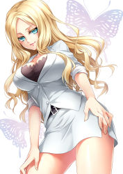Rule 34 | 10s, 1girl, ansatsu kyoushitsu, arms at sides, ass, bad id, bad pixiv id, belt, blonde hair, blue eyes, breasts, buckle, buttons, choker, cleavage, cowboy shot, female focus, formal, from below, irina jelavic, large breasts, long hair, looking at viewer, miniskirt, parted bangs, pencil skirt, seductive smile, side slit, skirt, skirt suit, sleeves rolled up, smile, smirk, solo, suit, ueno tsuki, upskirt, wavy hair, white skirt, white suit