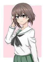 Rule 34 | 10s, 1girl, alternate costume, bad id, bad pixiv id, brown eyes, brown hair, cosplay, girls und panzer, highres, light smile, looking at viewer, nishizumi maho, ooarai school uniform, pink background, school uniform, short hair, simple background, solo, tuskryo
