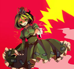 Rule 34 | 1girl, dress, electricity, female focus, green eyes, green hair, grin, hat, itak69, looking at viewer, matching hair/eyes, open mouth, pointing, smile, soga no tojiko, solo, tokin hat, touhou